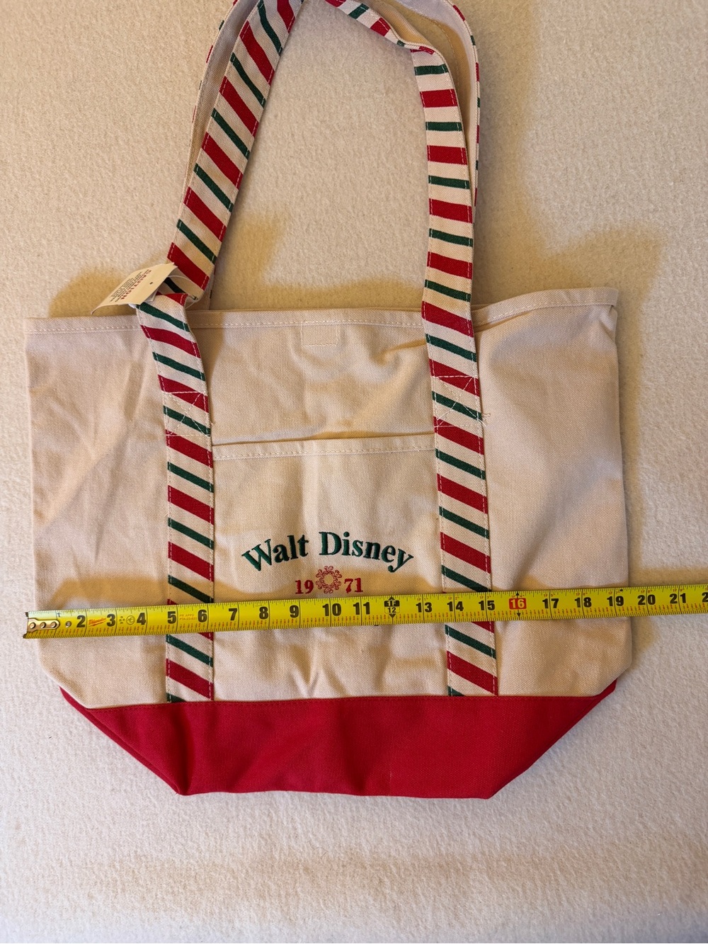 NWT Disney World Holiday Canvas Tote Bag 1971 Red Green Striped Christmas Tote - Picture 4 of 10